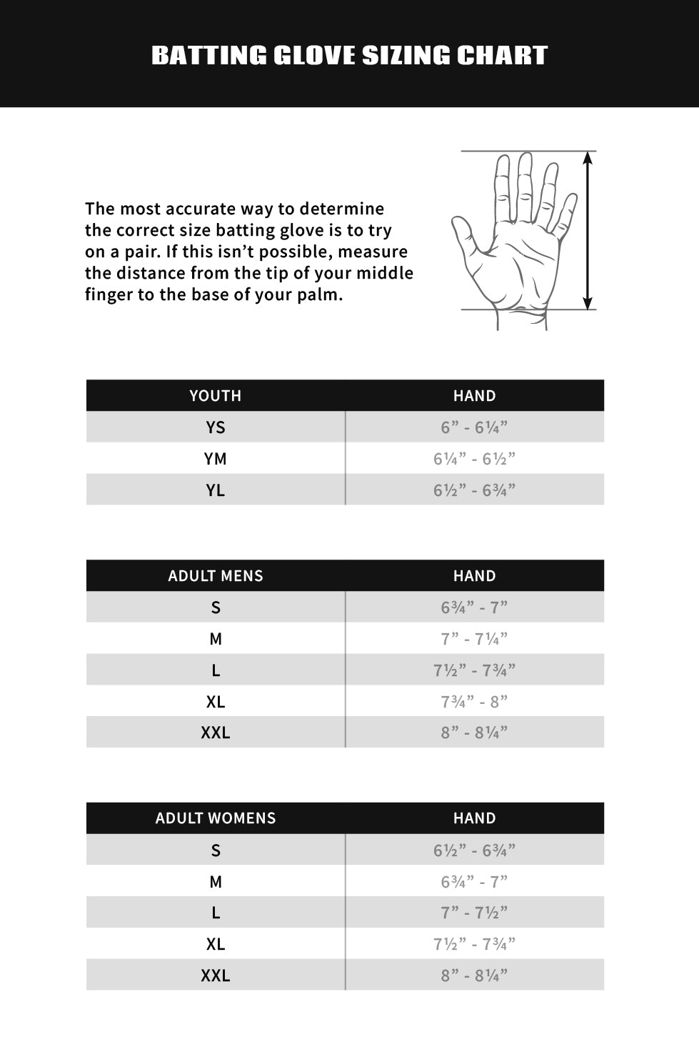 Size Chart for Ghost Batting Gloves